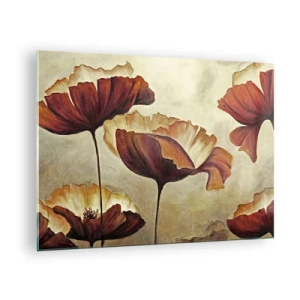 Cuadro sobre vidrio - Impresiones sobre Vidrio - Flores de amapola en tonos rojos y dorados sobre un fondo claro. - 70x50cm - Prado de prados - Decoración de pared moderna para salón y dormitorio ARTTOR