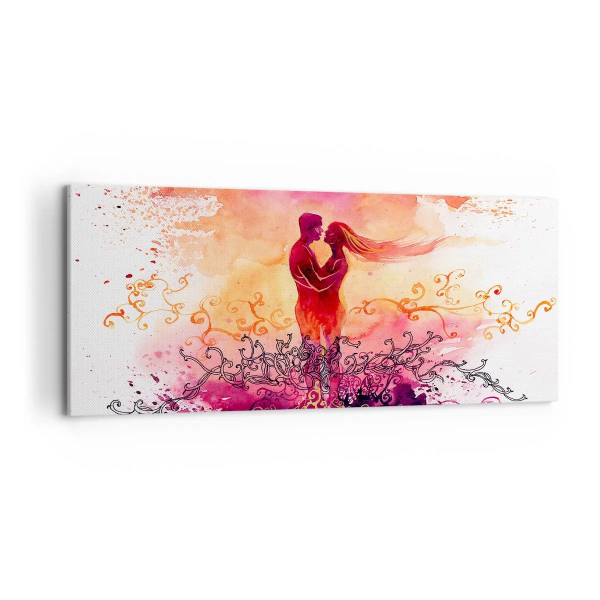 Cuadro sobre lienzo - Impresión de Imagen - Una pareja abrazándose sobre un patrón abstracto rosa y naranja. - 120x50cm - ¡Un solo corazón! Necesito tan poco para ser feliz… - Decoración de pared moderna para salón y dormitorio ARTTOR