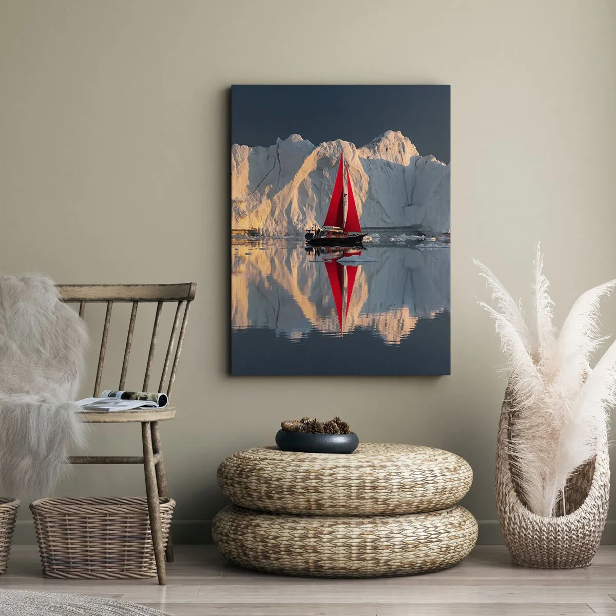 Cuadro sobre lienzo - Impresión de Imagen - Un velero con una vela roja con el fondo de un glaciar. - 50x70cm - En el límite del mundo - Decoración de pared moderna para salón y dormitorio ARTTOR