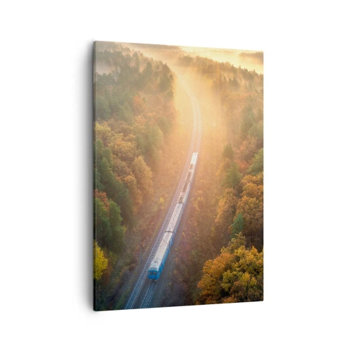 Cuadro sobre lienzo - Impresión de Imagen - Un tren en un bosque otoñal al amanecer. - 50x70cm - Un viaje otoñal - Decoración de pared moderna para salón y dormitorio ARTTOR