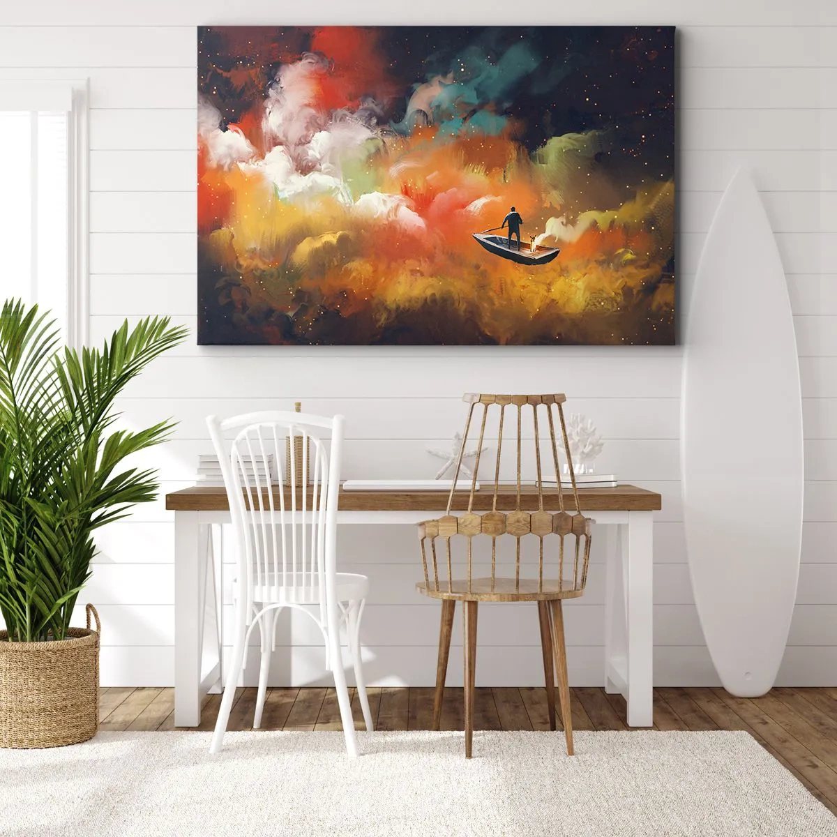 Cuadro sobre lienzo - Impresión de Imagen - Una figura en un barco contra un fondo de nubes de colores. - 100x70cm - En barco por la galaxia - Decoración de pared moderna para salón y dormitorio ARTTOR