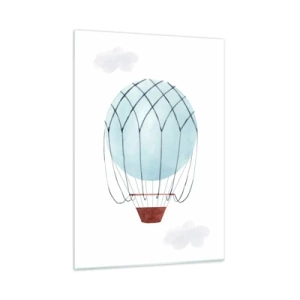 Cuadro sobre vidrio - Impresiones sobre Vidrio - Globo aerostático azul en las nubes - 50x70cm - Acariciando las nubes - Decoración de pared moderna para salón y dormitorio ARTTOR