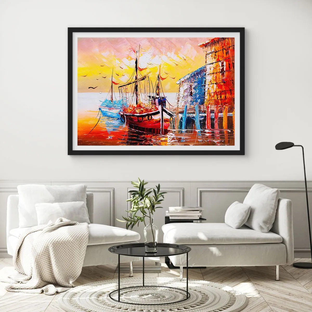Póster en marco negro - Puerto pintoresco al atardecer con barcos de pesca - 100x70cm - Feliz regreso - Decoración de pared moderna para salón y dormitorio ARTTOR