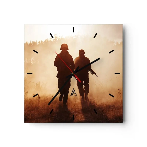 Reloj de pared - Reloj de vidrio - Soldados marchando en la niebla matutina con la naturaleza como telón de fondo - 30x30cm - Llamada del deber - Decoración de pared moderna para salón y dormitorio ARTTOR
