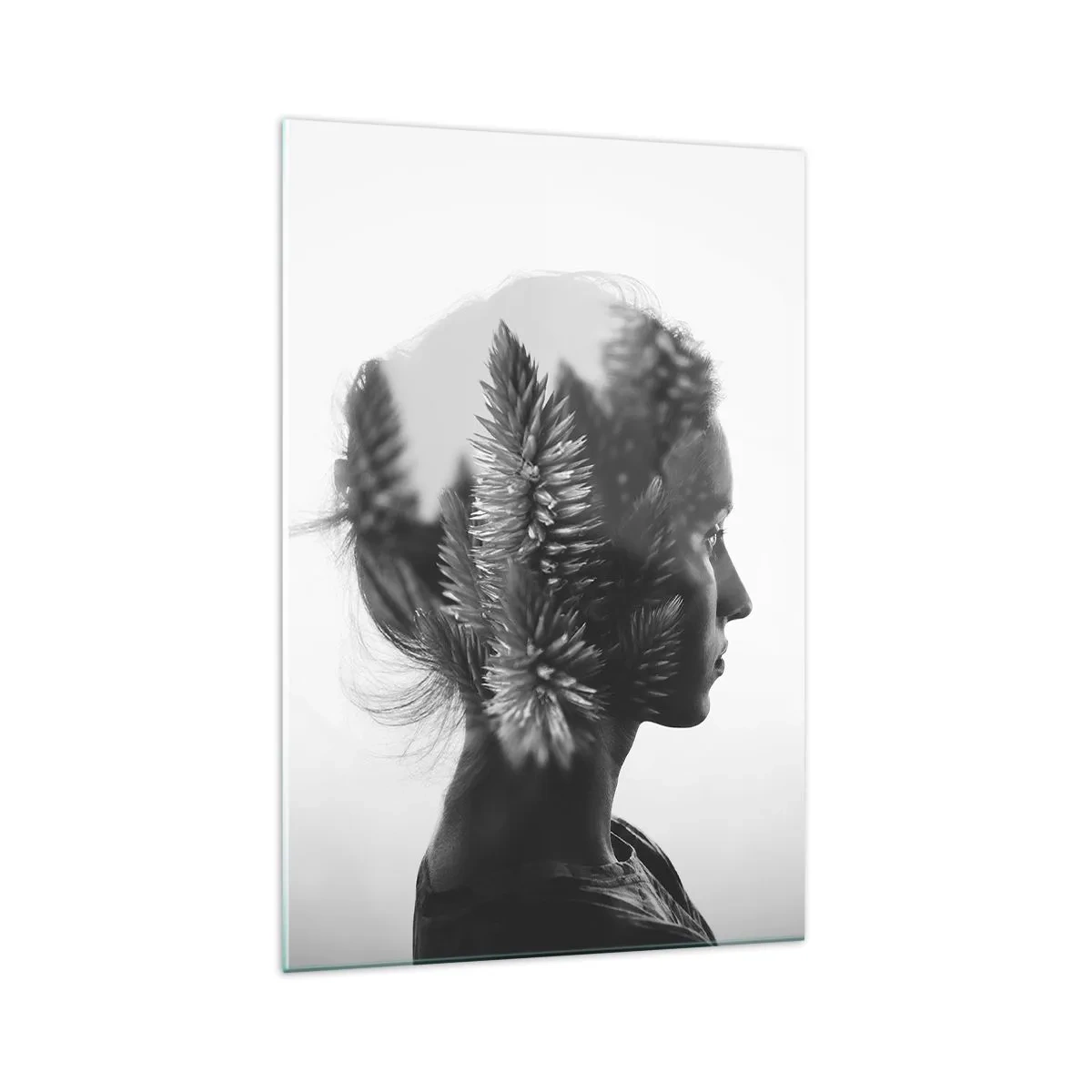 Cuadro sobre vidrio - Impresiones sobre Vidrio - Un retrato sutil con elementos de la naturaleza. - 70x100cm - La dama del bosque de pinos - Decoración de pared moderna para salón y dormitorio ARTTOR