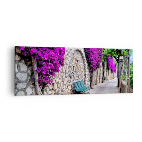 Cuadro sobre lienzo - Impresión de Imagen - Un camino de piedra con un banco y flores moradas en flor. - 140x50cm - Punto de reunión - Decoración de pared moderna para salón y dormitorio ARTTOR
