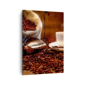 Cuadro sobre lienzo - Impresión de Imagen - Una taza de café con granos de café y una bolsa de granos al fondo. - 50x70cm - ¿Hueles eso? - Decoración de pared moderna para salón y dormitorio ARTTOR