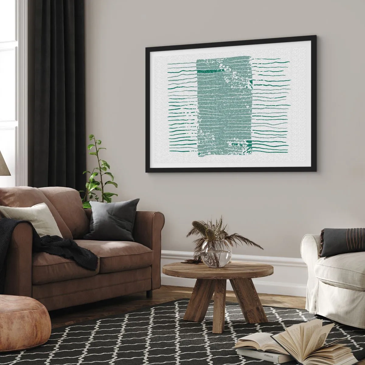 Póster en marco negro - Patrón geométrico en tonos verde mar y blanco. - 70x50cm - Abstracción marina - Decoración de pared moderna para salón y dormitorio ARTTOR