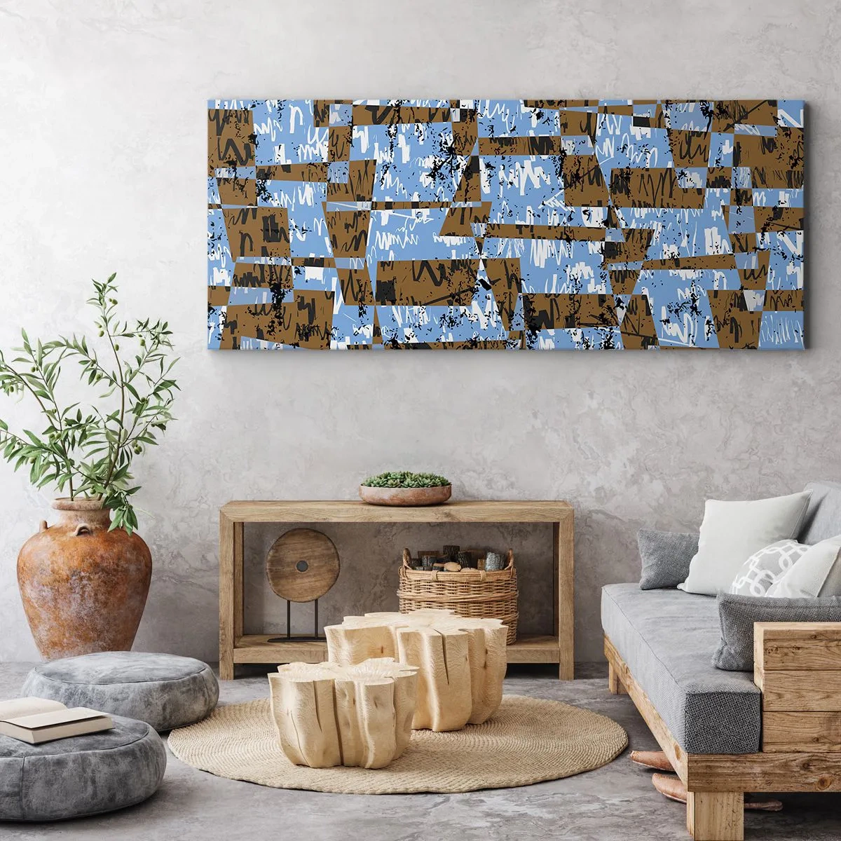 Cuadro sobre lienzo - Impresión de Imagen - Una composición abstracta de rectángulos en tonos marrones y azules. - 140x50cm - Un recorte del desierto - Decoración de pared moderna para salón y dormitorio ARTTOR