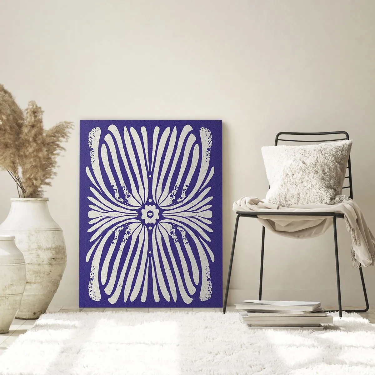 Cuadro sobre vidrio - Impresiones sobre Vidrio - Patrón étnico simétrico sobre un fondo morado. - 50x70cm - Inspiraciones étnicas - Decoración de pared moderna para salón y dormitorio ARTTOR