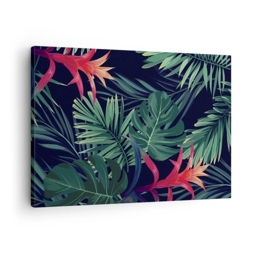 Cuadro sobre lienzo - Impresión de Imagen - Hojas y flores tropicales sobre un fondo oscuro. - 70x50cm - Encender el color verde - Decoración de pared moderna para salón y dormitorio ARTTOR
