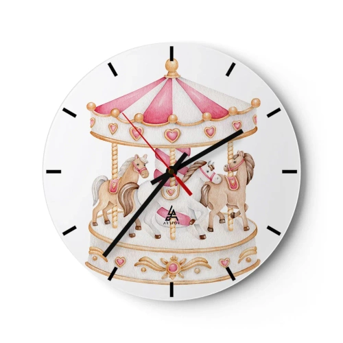 Reloj de pared - Reloj de vidrio - Carrusel rosa y crema con caballos sobre fondo blanco. - 30x30cm - El dulce mundo de la infancia - Decoración de pared moderna para salón, cocina y dormitorio ARTTOR