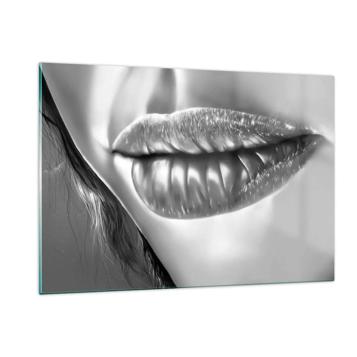 Cuadro sobre vidrio - Impresiones sobre Vidrio - Labios sensuales y femeninos en tonos monocromáticos. - 120x80cm - Sé lo que estás pensando... - Decoración de pared moderna para salón y dormitorio ARTTOR