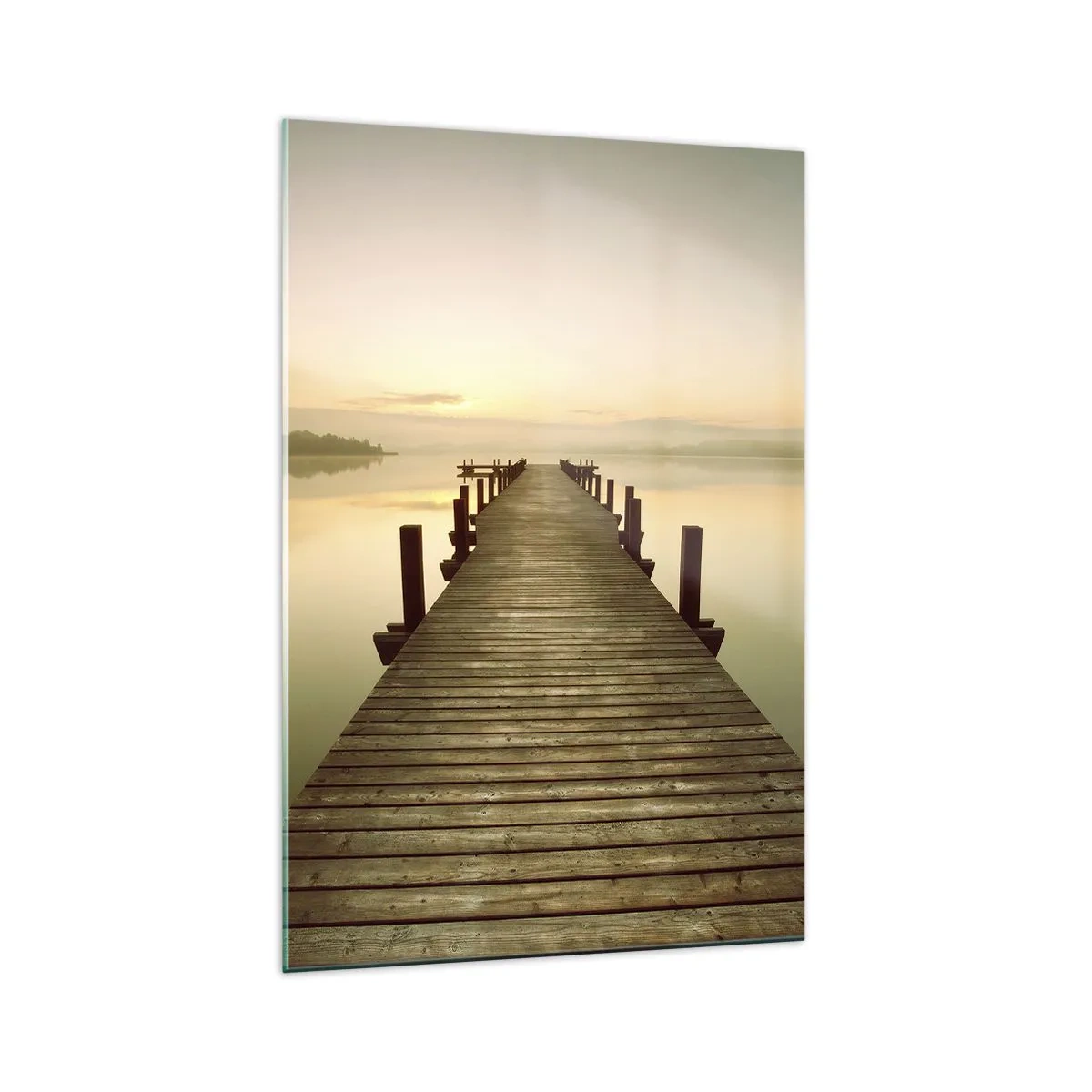 Cuadro sobre vidrio - Impresiones sobre Vidrio - Un embarcadero de madera en un lago tranquilo por la mañana. - 70x100cm - Antes del amanecer, al amanecer, la luz - Decoración de pared moderna para salón y dormitorio ARTTOR