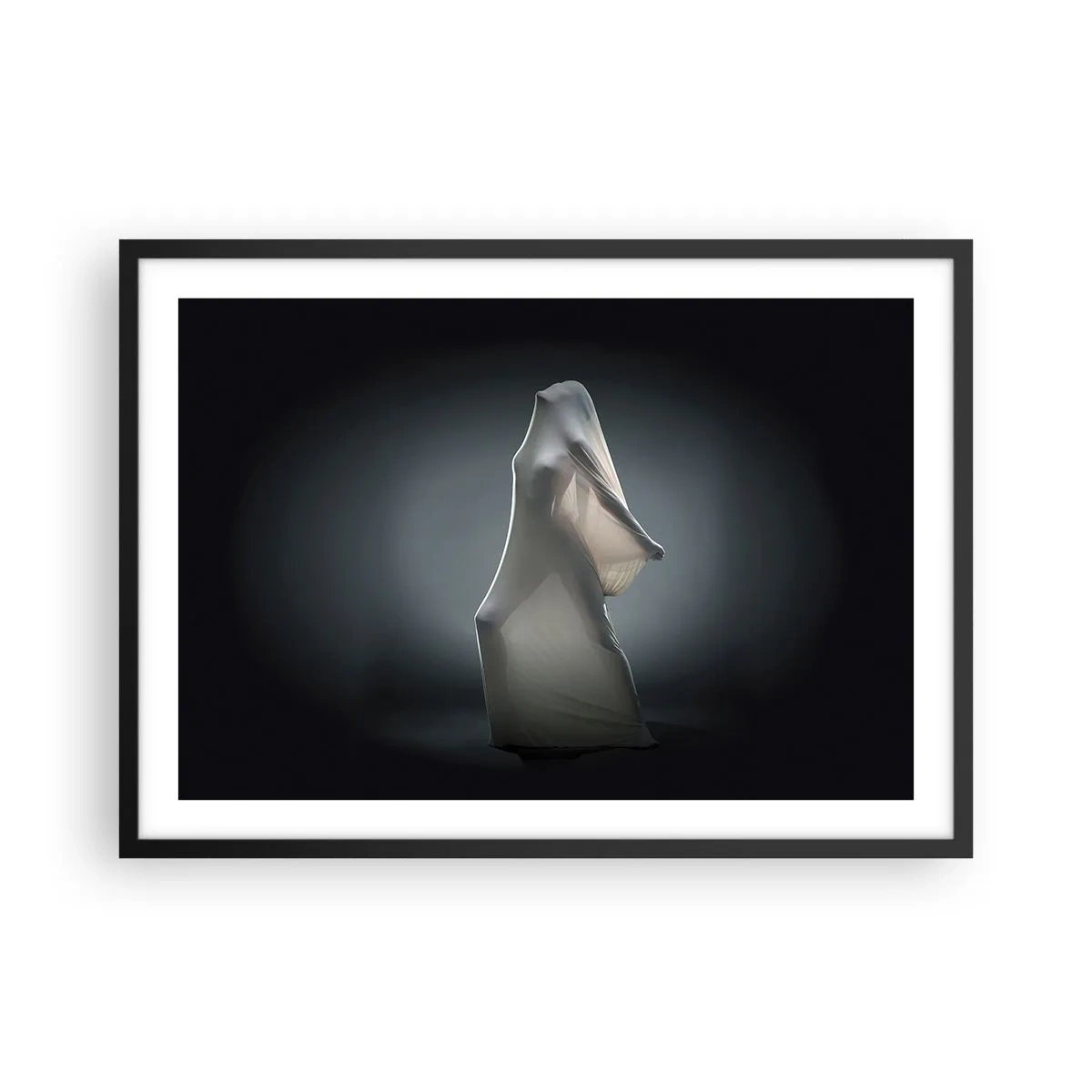 Póster en marco negro - Una figura en tela blanca sobre un fondo oscuro. - 70x50cm - Deseos ocultos - Decoración de pared moderna para salón y dormitorio ARTTOR