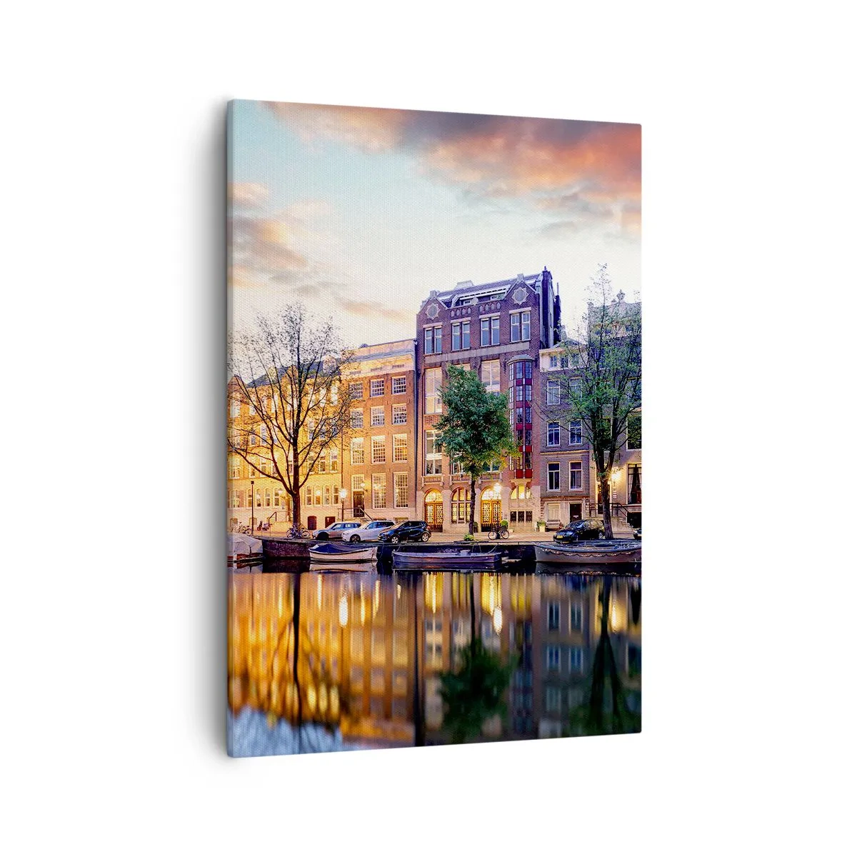 Cuadro sobre lienzo - Impresión de Imagen - Canal con reflejo de casas de vecindad a la luz del atardecer - 50x70cm - La belleza holandesa, sobria y tranquila - Decoración de pared moderna para salón y dormitorio ARTTOR