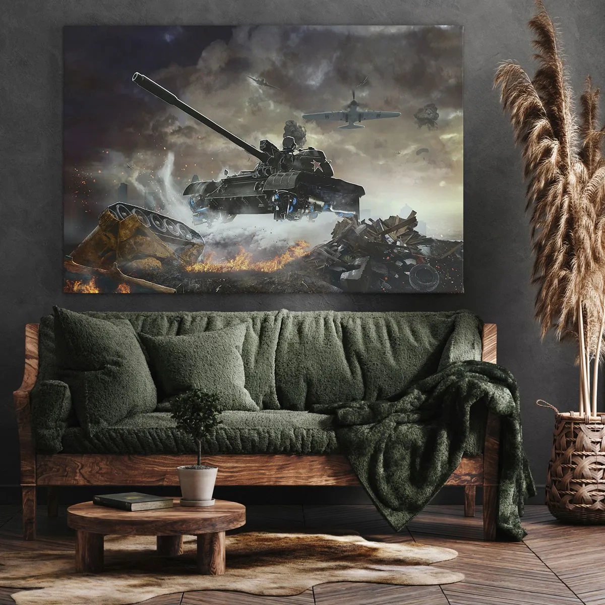 Cuadro sobre lienzo - Impresión de Imagen - Escena de batalla con tanques y aviones al fondo. - 120x80cm - La batalla es terrible y hermosa - Decoración de pared moderna para salón y dormitorio ARTTOR