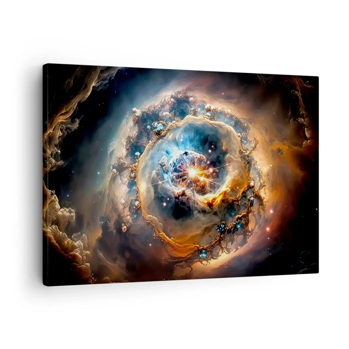 Cuadro sobre lienzo - Impresión de Imagen - Una visión abstracta de una explosión cósmica en tonos dorados y azules. - 70x50cm - El inicio de todo - Decoración de pared moderna para salón y dormitorio ARTTOR