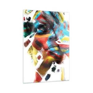 Cuadro sobre vidrio - Impresiones sobre Vidrio - Retrato con acentos abstractos y coloridos en el rostro. - 50x70cm - Una personalidad colorida - Decoración de pared moderna para salón y dormitorio ARTTOR