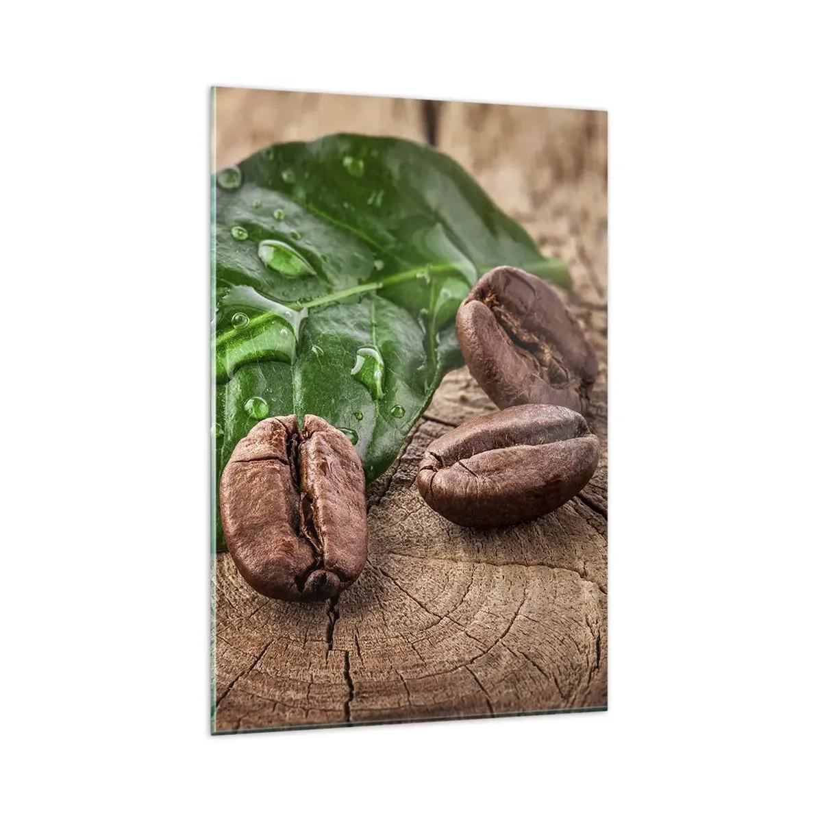 Cuadro sobre vidrio - Impresiones sobre Vidrio - Granos de café y hojas verdes sobre un fondo de madera - 80x120cm - El auténtico y negro - Decoración de pared moderna para salón y dormitorio ARTTOR