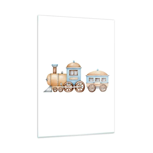 Cuadro sobre vidrio - Impresiones sobre Vidrio - Ilustración de un tren de vapor en tonos azules y beige sobre un fondo blanco. - 50x70cm - De pie en la estación... - Decoración de pared moderna para salón y dormitorio ARTTOR