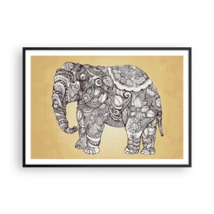 Póster en marco negro - Elefante dibujado a mano con un patrón ornamentado sobre un fondo beige. - 100x70cm - El elefante decorado - Decoración de pared moderna para salón y dormitorio ARTTOR