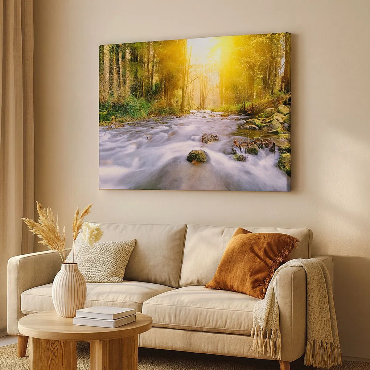Cuadro sobre lienzo - Impresión de Imagen - Un arroyo forestal iluminado por los rayos del sol. - 70x50cm - Malaquita en un marco de plata y oro - Decoración de pared moderna para salón y dormitorio ARTTOR