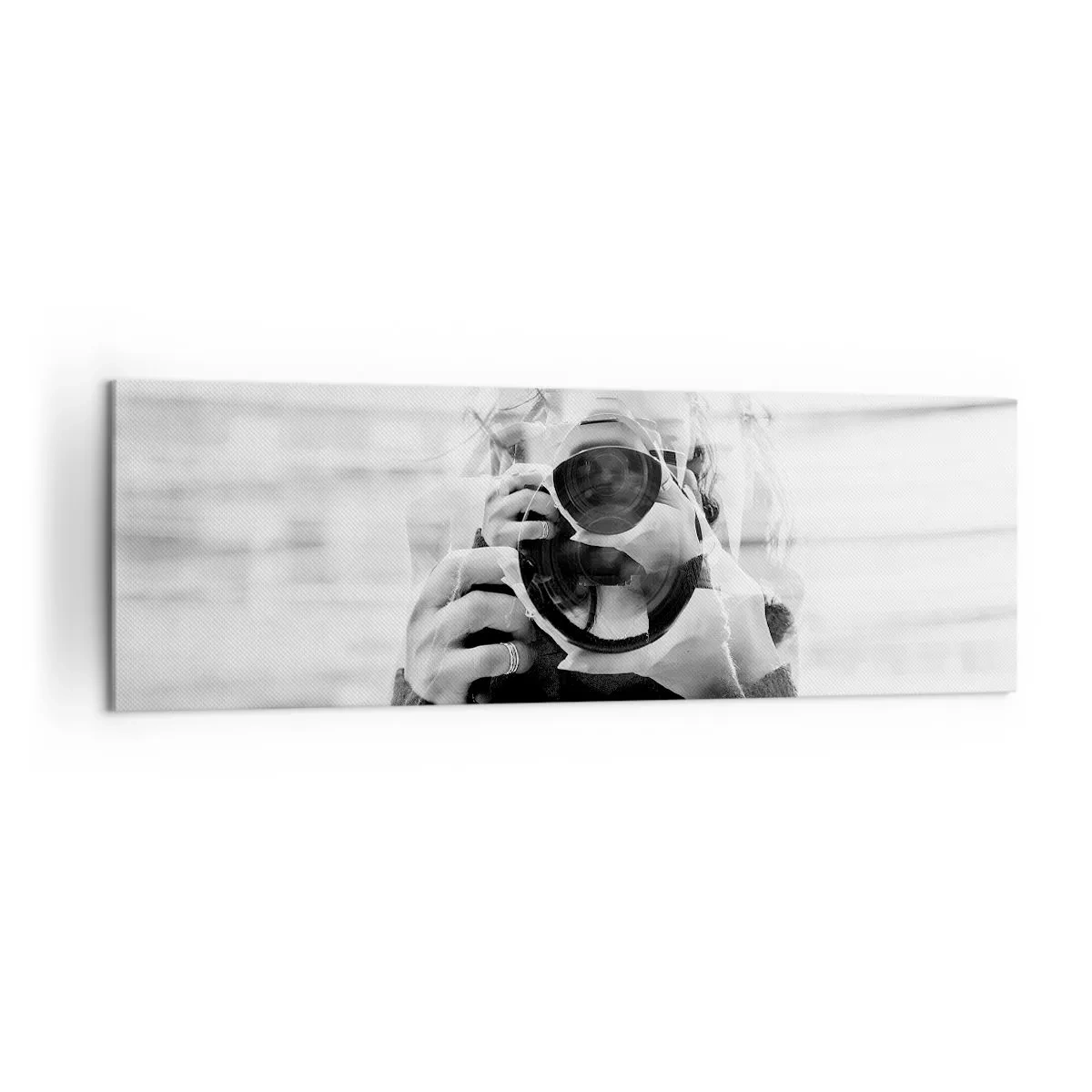 Cuadro sobre lienzo - Impresión de Imagen - Retrato de doble exposición en blanco y negro de un fotógrafo. - 160x50cm - Creador y creación - Decoración de pared moderna para salón y dormitorio ARTTOR