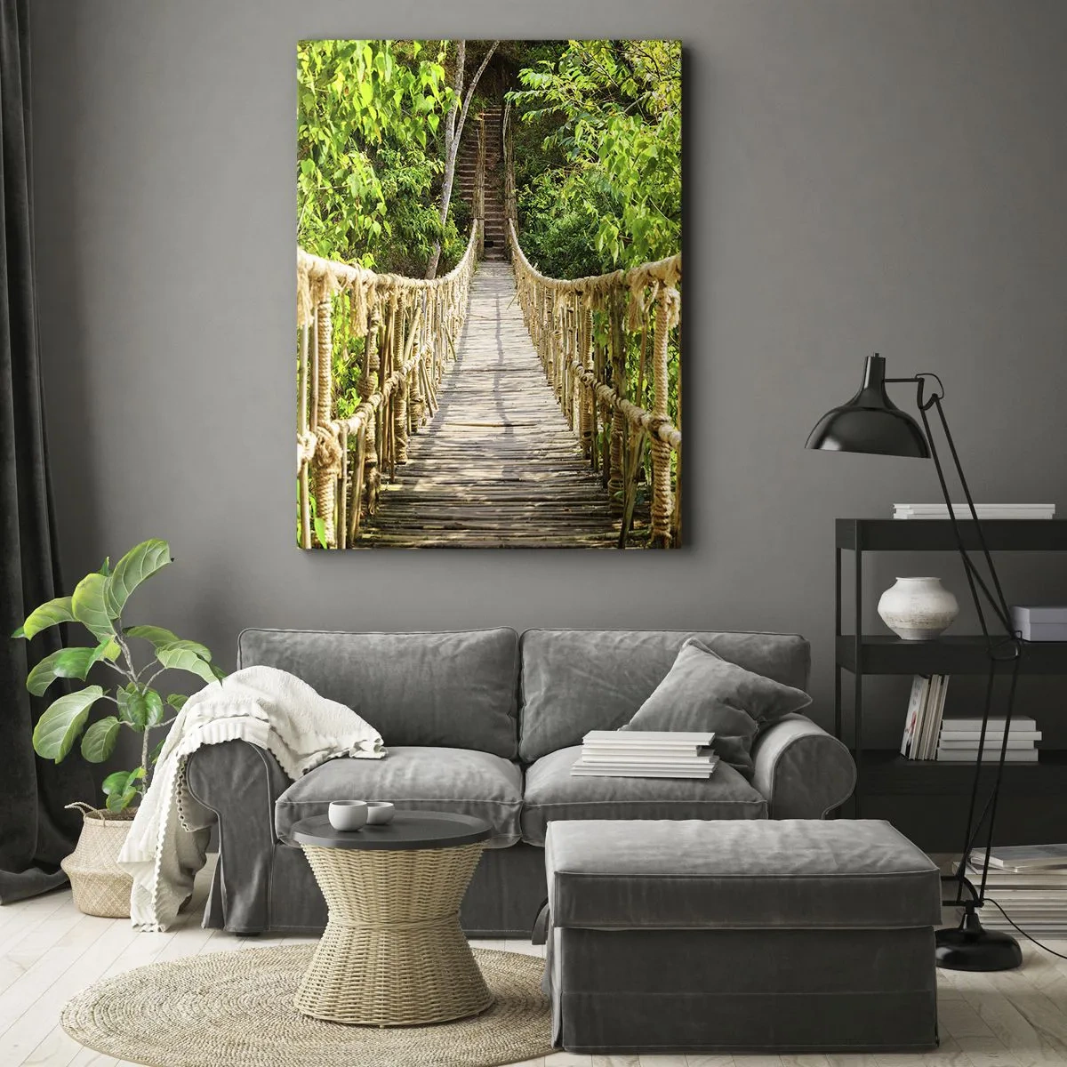 Cuadro sobre lienzo - Impresión de Imagen - Un puente colgante en un bosque tropical lleno de vegetación. - 70x100cm - Suspendido en verde - Decoración de pared moderna para salón y dormitorio ARTTOR