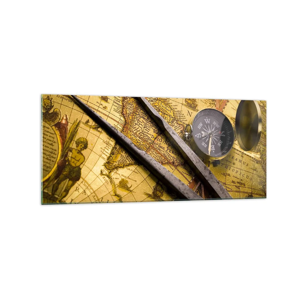 Cuadro sobre vidrio - Impresiones sobre Vidrio - Un mapa del mundo antiguo con una brújula y un par de brújulas en el fondo. - 120x50cm - ¿Dónde están los tesoros? - Decoración de pared moderna para salón y dormitorio ARTTOR