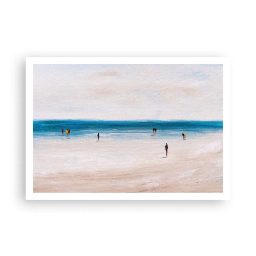 Póster - Una playa con gente con el mar en calma como telón de fondo. - 100x70cm - Necesidad natural - Decoración de pared moderna para salón y dormitorio ARTTOR