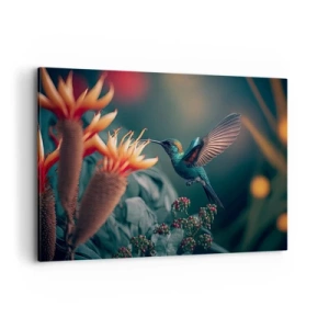 Cuadro sobre lienzo - Impresión de Imagen - Un colibrí colorido junto a las flores contra un fondo natural. - 100x70cm - Una vida verdaderamente colorida - Decoración de pared moderna para salón y dormitorio ARTTOR