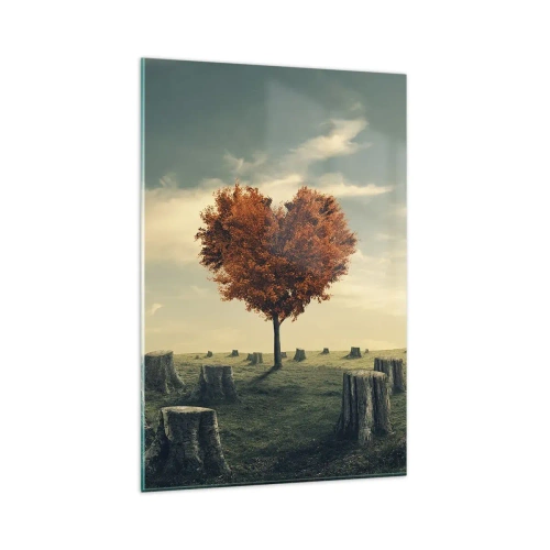 Cuadro sobre vidrio - Impresiones sobre Vidrio - Un árbol en forma de corazón en un campo de tocones, símbolo de esperanza. - 80x120cm - Todavía hay esperanza - Decoración de pared moderna para salón y dormitorio ARTTOR