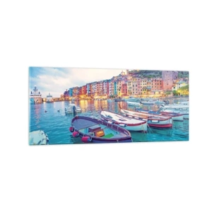 Cuadro sobre vidrio - Impresiones sobre Vidrio - Un colorido pueblo costero con barcos en el puerto. - 120x50cm - Una noche colorida en el puerto - Decoración de pared moderna para salón y dormitorio ARTTOR