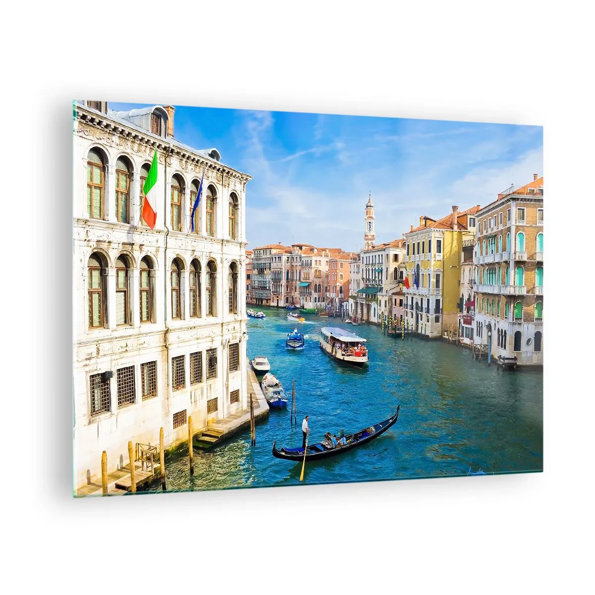 Cuadro sobre vidrio - Impresiones sobre Vidrio - Un canal en Venecia con góndolas y barcos en el agua. - 70x50cm - Tráfico único en el mundo - Decoración de pared moderna para salón y dormitorio ARTTOR