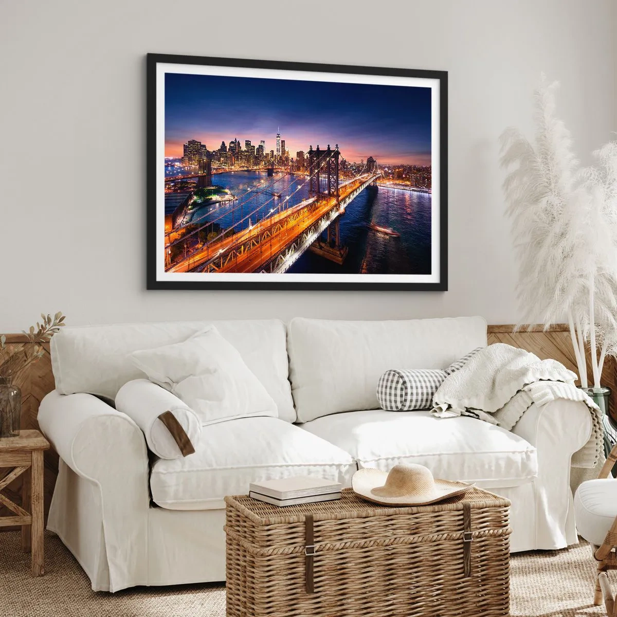 Póster en marco negro - El puente y el panorama de la ciudad al atardecer. - 70x50cm - Un puente luminoso hacia el corazón de la ciudad - Decoración de pared moderna para salón y dormitorio ARTTOR