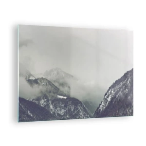 Cuadro sobre vidrio - Impresiones sobre Vidrio - Un valle de montaña en la niebla en tonos grises. - 70x50cm - Valle de la niebla - Decoración de pared moderna para salón y dormitorio ARTTOR