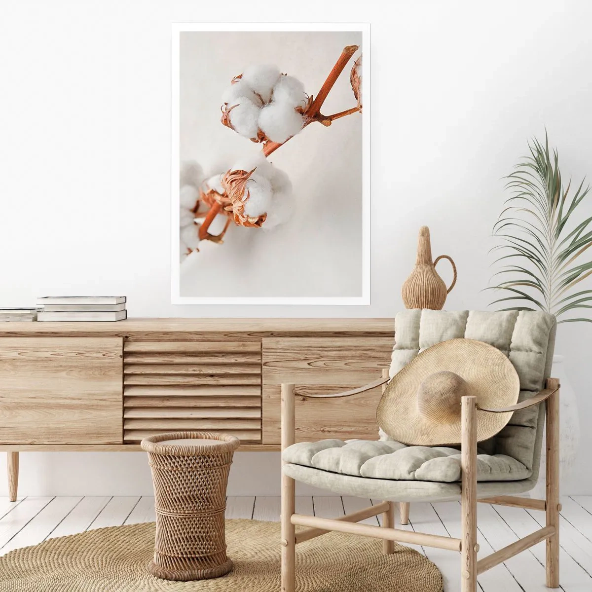 Póster - Delicadas ramitas de algodón sobre un fondo claro. - 50x70cm - Un suave tacto - Decoración de pared moderna para salón y dormitorio ARTTOR