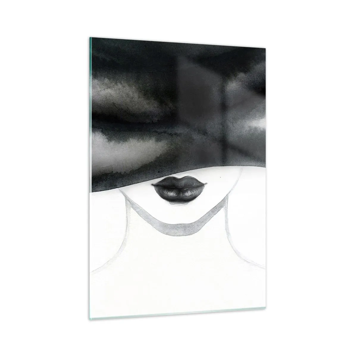 Cuadro sobre vidrio - Impresiones sobre Vidrio - Rostro misterioso con ojos cubiertos en acuarela en blanco y negro - 50x70cm - Un misterio sensual - Decoración de pared moderna para salón y dormitorio ARTTOR