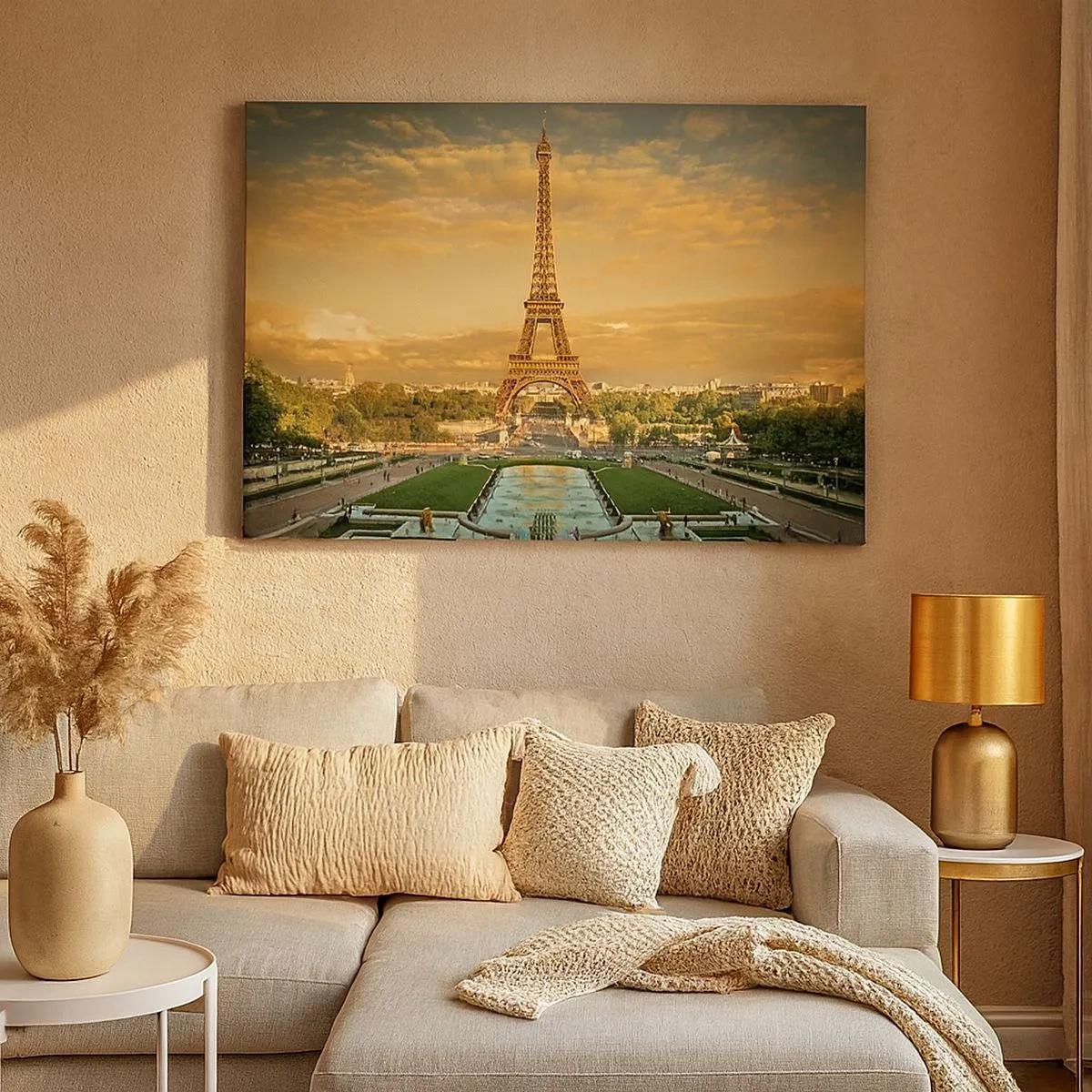 Cuadro sobre lienzo - Impresión de Imagen - La Torre Eiffel en París al atardecer - 70x50cm - Reina de París - Decoración de pared moderna para salón y dormitorio ARTTOR