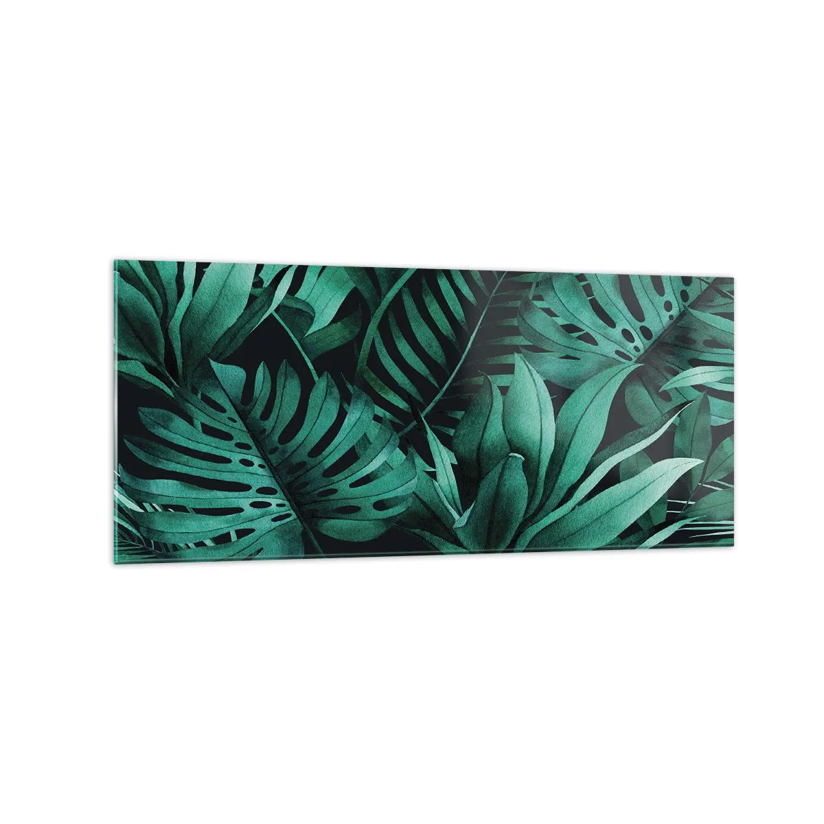 Cuadro sobre vidrio - Impresiones sobre Vidrio - Hojas tropicales en tonos de verde intenso. - 120x50cm - Profundidad del verde tropical - Decoración de pared moderna para salón y dormitorio ARTTOR