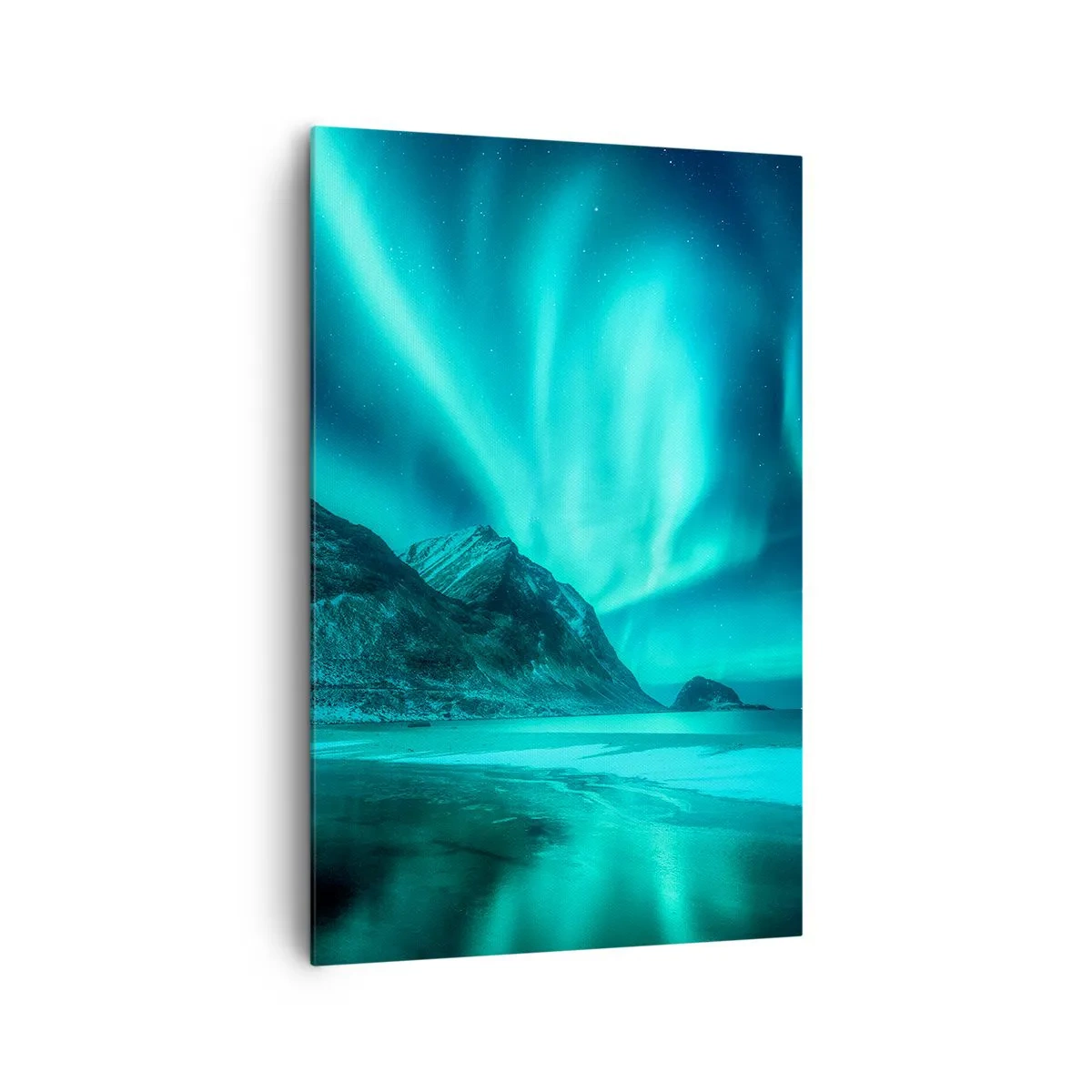 Cuadro sobre lienzo - Impresión de Imagen - Aurora boreal sobre un paisaje invernal montañoso - 80x120cm - Maravillas del norte - Decoración de pared moderna para salón y dormitorio ARTTOR