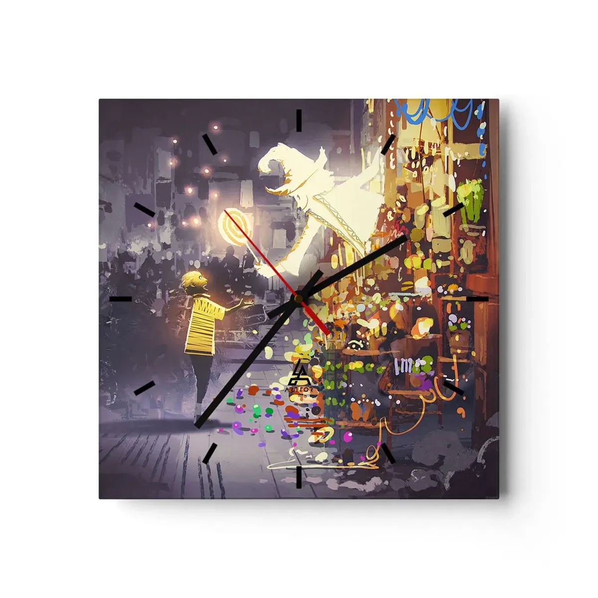 Reloj de pared - Reloj de vidrio - Un personaje de cuento de hadas y un niño en una calle llena de luces y magia. - 30x30cm - Los hechizos existen - Decoración de pared moderna para salón y dormitorio ARTTOR