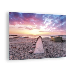 Cuadro sobre vidrio - Impresiones sobre Vidrio - Playa al atardecer con barco y muelle - 70x50cm - Un momento de profunda experiencia - Decoración de pared moderna para salón y dormitorio ARTTOR