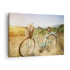 Cuadro sobre lienzo - Impresión de Imagen - Una bicicleta retro con una cesta llena de flores sobre un fondo de pradera. - 70x50cm - Me quedaré aquí un tiempo - Decoración de pared moderna para salón y dormitorio ARTTOR
