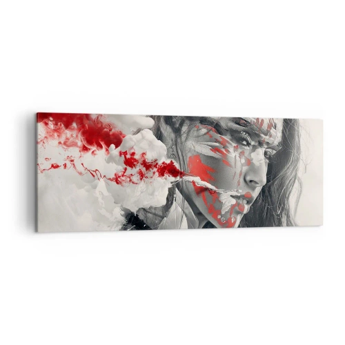 Cuadro sobre lienzo - Impresión de Imagen - Retrato artístico de una mujer con acentos rojos abstractos. - 140x50cm - En los humos del absurdo - Decoración de pared moderna para salón y dormitorio ARTTOR