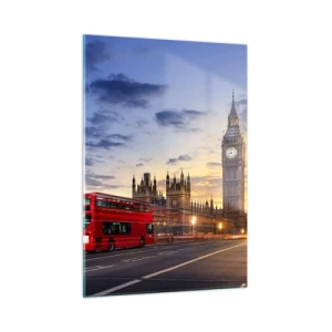 Cuadro sobre vidrio - Impresiones sobre Vidrio - El Big Ben y el autobús rojo en Londres al atardecer - 50x70cm - Lo más característico - Decoración de pared moderna para salón y dormitorio ARTTOR