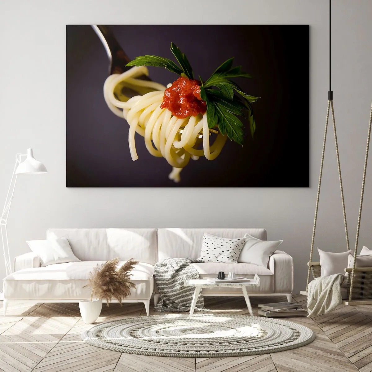 Cuadro sobre vidrio - Impresiones sobre Vidrio - Pasta espaguetis al tenedor con salsa de tomate - 70x50cm - Un sabroso bocado - Decoración de pared moderna para salón y dormitorio ARTTOR