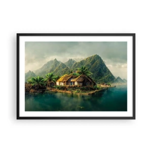 Póster en marco negro - Una isla tropical con palmeras y montañas al fondo. - 70x50cm - Paraíso tropical - Decoración de pared moderna para salón y dormitorio ARTTOR