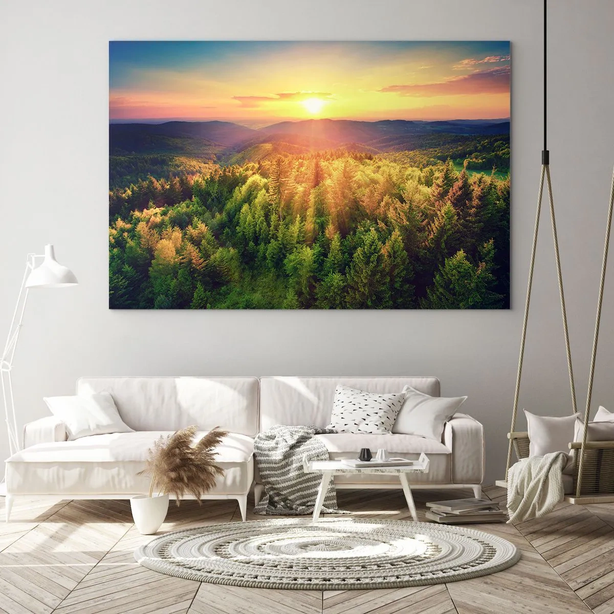 Cuadro sobre vidrio - Impresiones sobre Vidrio - Puesta de sol sobre un bosque de montaña con vistas a los valles. - 120x80cm - Desde lo alto - Decoración de pared moderna para salón y dormitorio ARTTOR